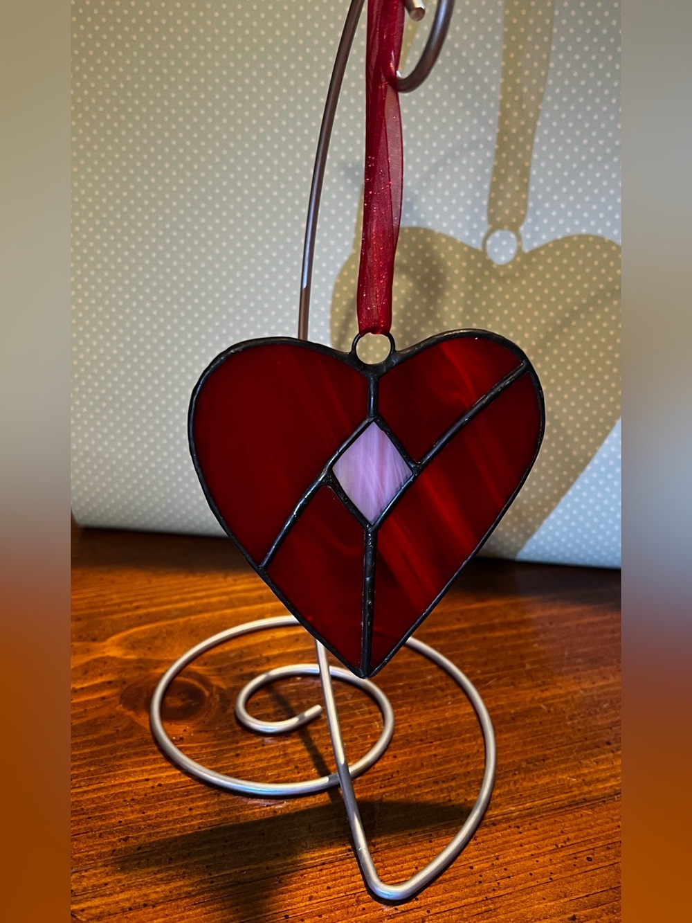 Hanging Stained Glass Sun Catcher Red & Pink Patchwork Heart Colorful Love